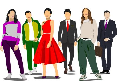 Üç genç yakışıklı erkek ve üç kadın. Vektör çizimi