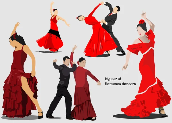 Una grande serie di ballerini di flamenco. Illustrazione vettoriale — Vettoriale Stock