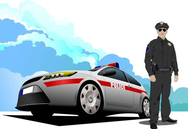 Ilustração vetorial de carro de polícia e policial . — Vetor de Stock