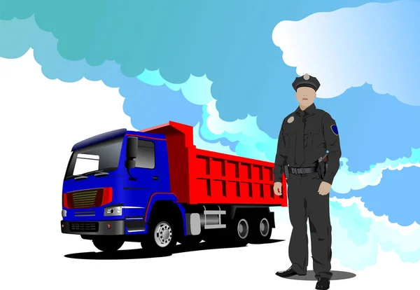 Εικονογράφηση διάνυσμα του φορτηγού. Κόκκινο-μπλε φορτηγό και αστυνομικός. — Διανυσματικό Αρχείο