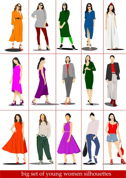 Quinze silhuetas de mulheres jovens. Ilustração vetorial —  Vetores de Stock