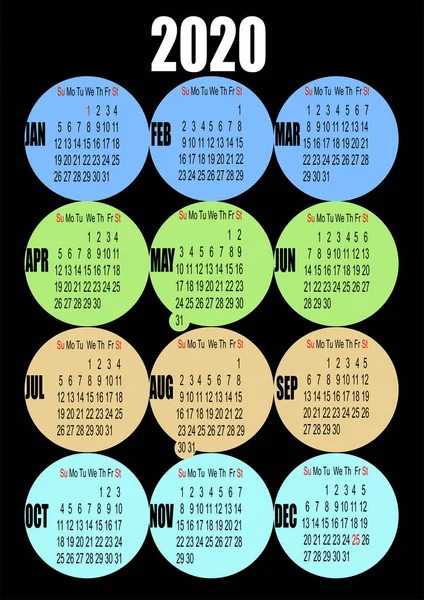 Calendario 2020 con imagen de tinta. Ilustración vectorial — Vector de stock