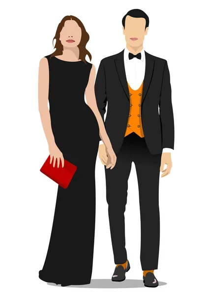 Gece elbisesi giymiş genç bir çift. Akşam elbisesi Vektör illüstrasyonu — Stok Vektör