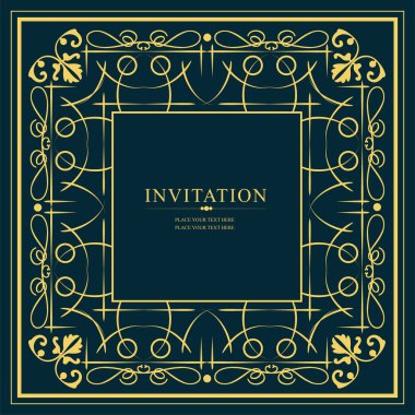 Yeşil arka planda altın süs. Davetiye olarak kullanılabilir. Vektör illüstrasyonu