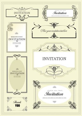 Örnek metin ile süslü vektör çerçeveleri ve süslemeleri. Davet ya da duyuru olarak mükemmel. Bütün parçalar ayrı. Renk değiştirmek ve düzenlemek kolay.