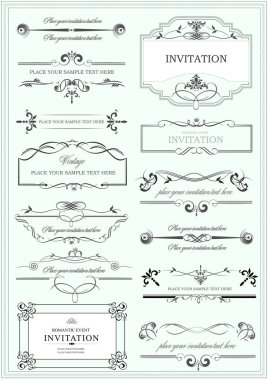 Örnek metin ile süslü vektör çerçeveleri ve süslemeleri. Davet ya da duyuru olarak mükemmel. Bütün parçalar ayrı. Renk değiştirmek ve düzenlemek kolay.