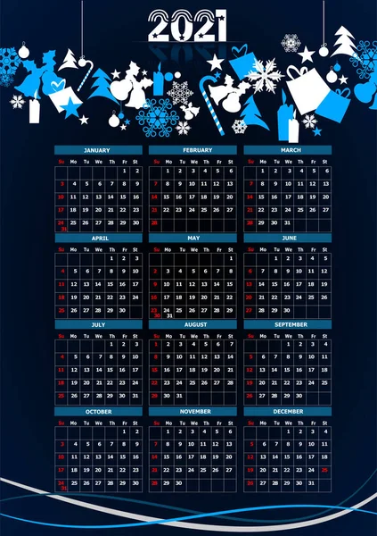 Calendario 2021 Con Imágenes Navideñas Ilustración Vectorial — Vector de stock
