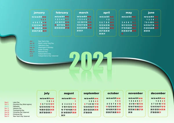 Calendar 2021 American Holidays Months Vector Illustration — Stock Vector