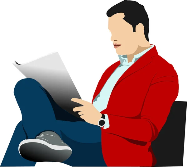 Adamı Oturuyor Gazete Okuyor — Stok Vektör