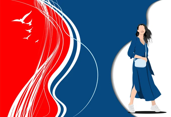 Красно Синий Абстрактный Фон Изображением Молодой Девушки Векторная Иллюстрация — стоковый вектор