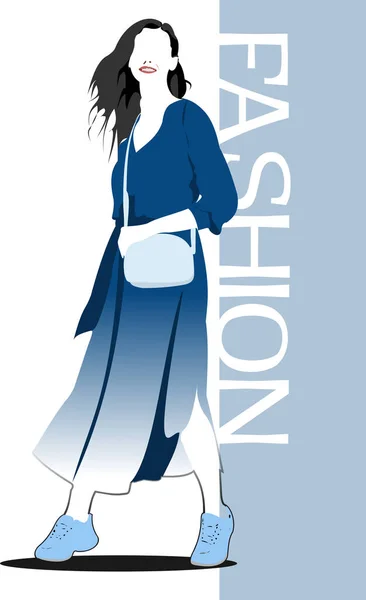 Silhouette Fashion Woman Blue Vector Illustration — Stock Vector
