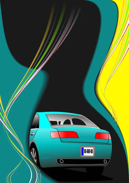 Zeleno Žluté Pozadí Zadní Pohled Auto Sedan Obrázkem Stavového Čísla — Stockový vektor