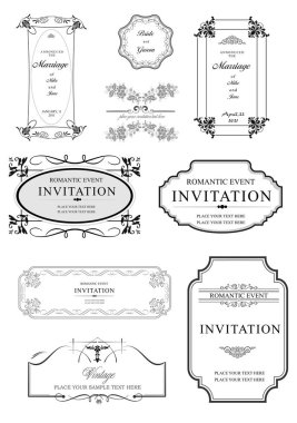 Örnek metin ile süslü vektör çerçeveleri ve süslemeleri. Davet ya da duyuru olarak mükemmel. Bütün parçalar ayrı. Renk değiştirmek ve düzenlemek kolay.