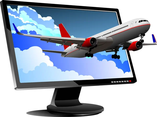 Flacher Computermonitor Mit Passagierflugzeug Anzeige Illustration — Stockvektor