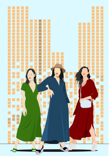 ダウンタウンを背景に3人のファッション女性 ベクトル3Dイラスト — ストックベクタ