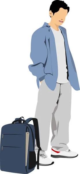 学校に戻る 学校の袋を持った少年 ベクトル3Dイラスト — ストックベクタ