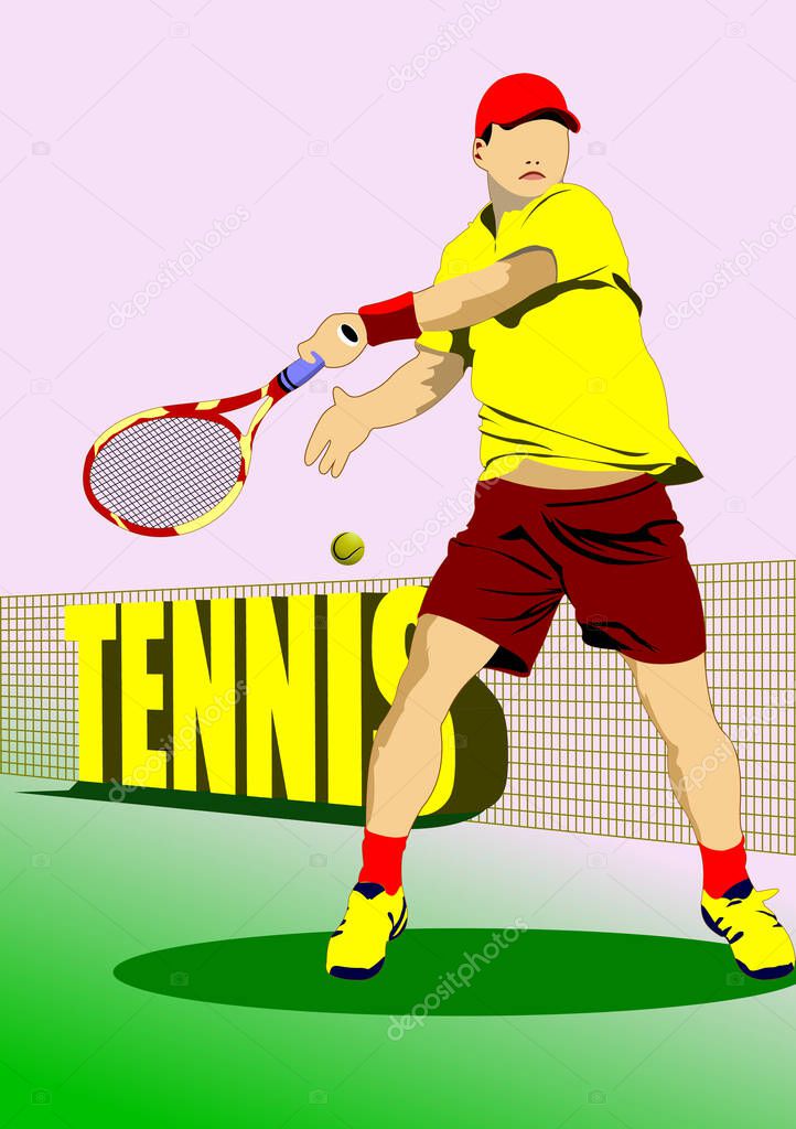 Poster  of tennis player. Colored Vector 3d illustration for designers