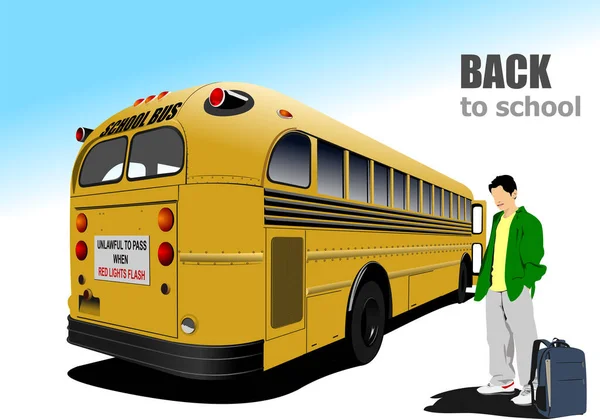 黄色のスクールバス 少年はバスを待っている 学校に戻る ベクトル3Dイラスト — ストックベクタ