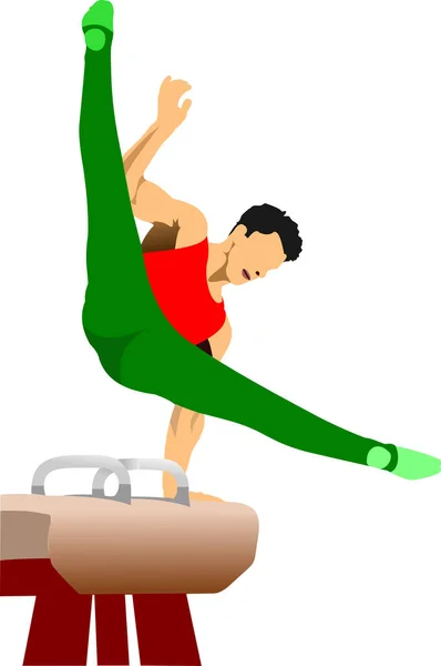 Man Gymnast Övningar Pommel Häst Vektor Illustration — Stock vektor