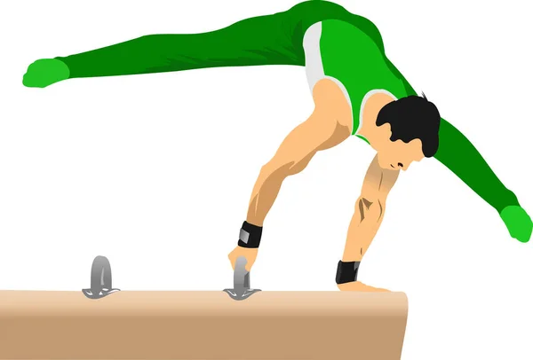 Man Gymnast Exercises Pommel Horse Vector Illustration — Stock Vector