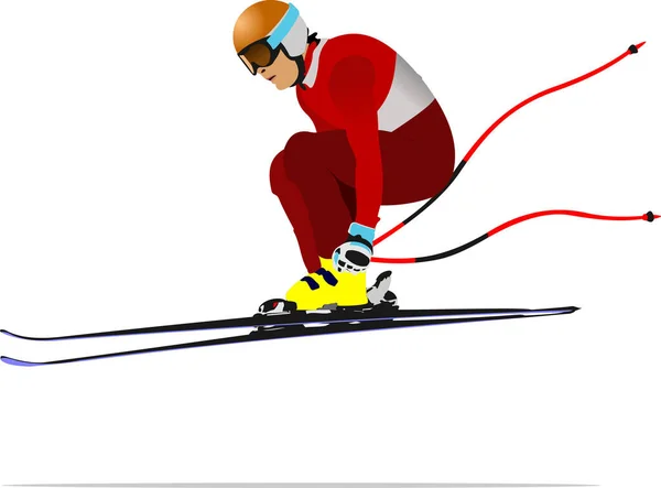 Skier Skiing Downhill Vector Color Illustratio — Stock Vector
