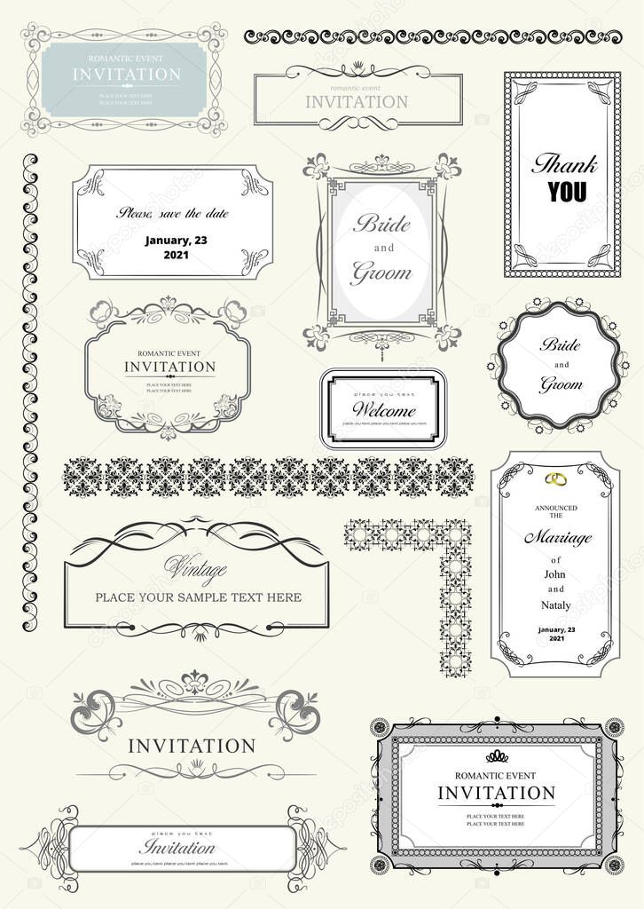 Set of ornate vector frames and ornaments with sample text. Perfect as invitation or announcement. All pieces are separate. Easy to change colors and edit.