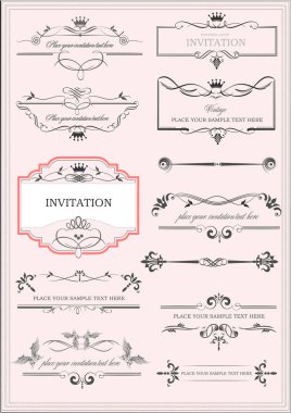 Örnek metin ile süslü vektör çerçeveleri ve süslemeleri. Davet ya da duyuru olarak mükemmel. Bütün parçalar ayrı. Renk değiştirmek ve düzenlemek kolay.