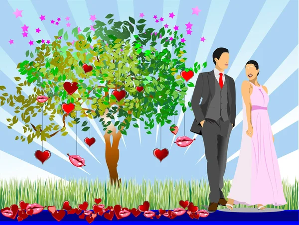 Decorative Valentine Day Tree Hearts Lips Bride Groom Images Vector — Stock Vector