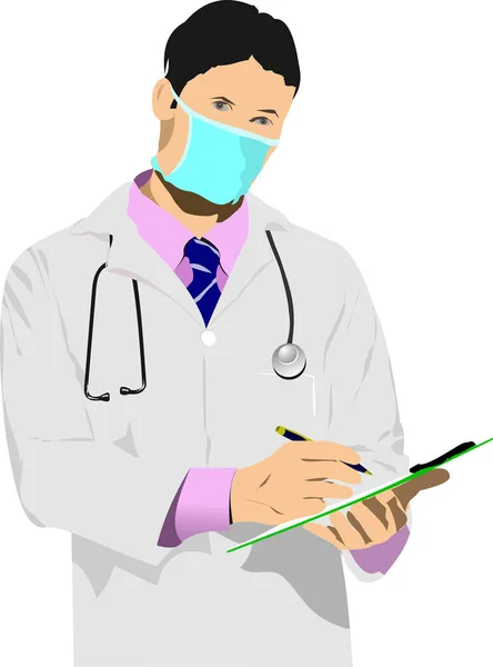 Doktor Önlüğü Maskesi Olan Bir Tıp Doktoru Vektör Illüstrasyon — Stok Vektör