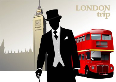 Çift katlı otobüs ve centilmen imajı olan Londra gezisi posteri. Vektör 3