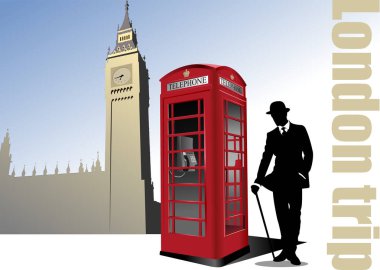 Londra görüntüsü, siluet ve kırmızı telefon kulübesi. Renkli vektör 3d illüstrasyon