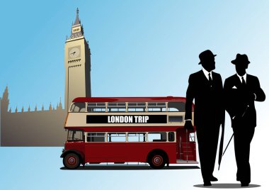 Çift katlı otobüs ve centilmen imajlı Londra gezisi posteri. Vektör 3