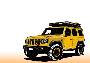 Çatı rafı ve spot ışıkları olan kumlu bir alana park edilmiş sarı off-road aracı.