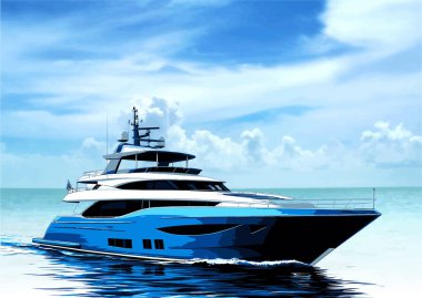 Büyük, modern bir yat, sakin bir okyanusta, resim gibi bir gökyüzünün altında, lüks, seyahat ve boş zamanı temsil ediyor.