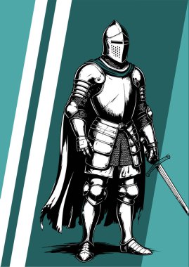 Güçlü bir ortaçağ savaşçısı çelik yelek giyiyor ve elinde bir kılıç tutuyor.