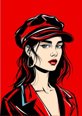 Kırmızı rujlu, deri ceketli ve kırmızı arka planda poz veren şık bir kadın.