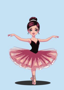 Çizgi film balerini noktanın üzerinde dans ederken, pembe bir etek ve taç giyerken, bale yaparken.