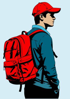 Kırmızı beyzbol şapkası takan ve kırmızı sırt çantası taşıyan genç adam okula ya da üniversiteye yürüyerek gidiyor.