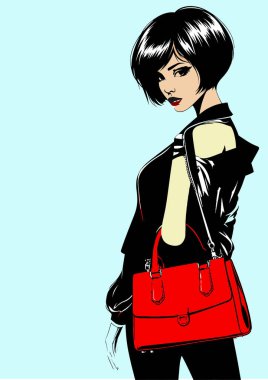 Şık bir kadın canlı kırmızı bir çanta sergiliyor, modern moda eğilimlerinin somut bir örneği.