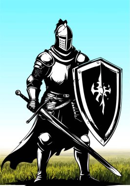 Göğsünde mor bir amblemle bir tarlada duran kılıç tutan bir ortaçağ şövalyesinin silueti.