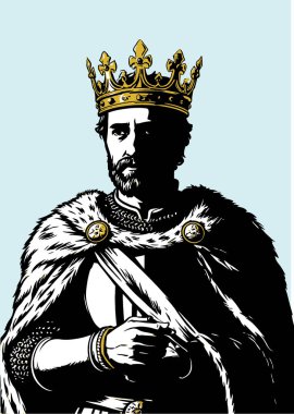 Altın taç, kürk pelerin ve zincirli zırh giyen kral, tarihi yeniden canlandırmada kılıç tutuyor.