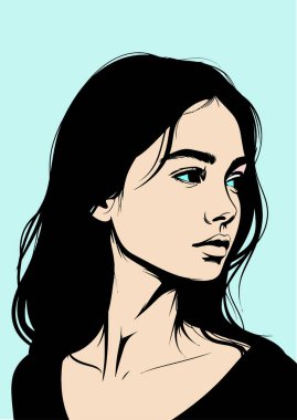 Uzun siyah saçlı, mavi gözlü ve açık tenli bir kadının açık mavi arka grubuna karşı minimalist pop sanat çizimi.