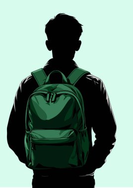 Yeşil sırt çantalı, arka planda yürüyüp giden öğrenci silueti.
