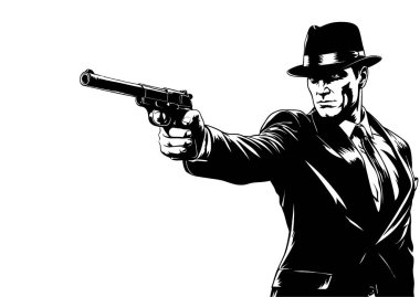 Gangsterin siyah beyaz çizimi. Takım elbise ve şapka giymiş.