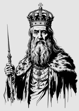 Kraliyet kraliyetinin yaşlı hükümdarı elinde bir asa tutuyor, gücü ve bilgeliği simgeliyor.