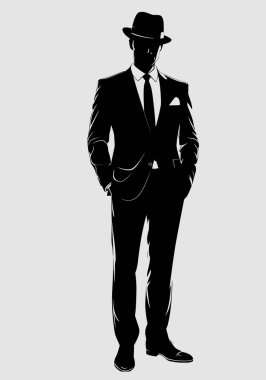 Takım elbiseli, fötr şapkalı ve kravatlı bir adam elleri ceplerinde güvenle ayakta duruyor.