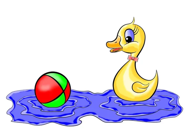 Imagen Dibujos Animados Patito Con Una Pelota Agua — Foto de Stock