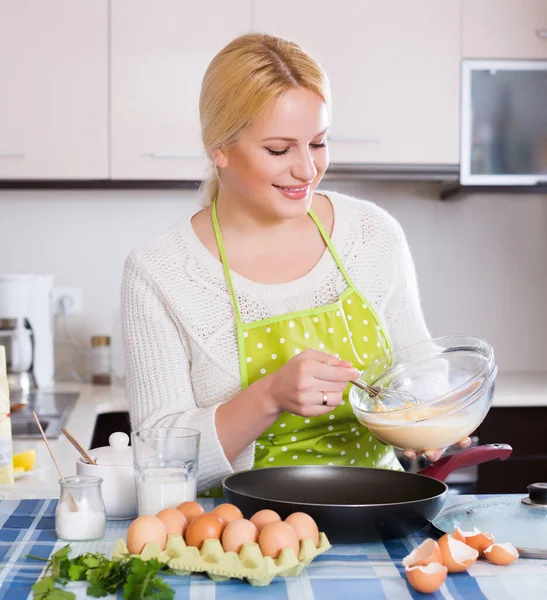 Positive Young Girl Dough Whisk Home Kitchen — Stock Photo, Image