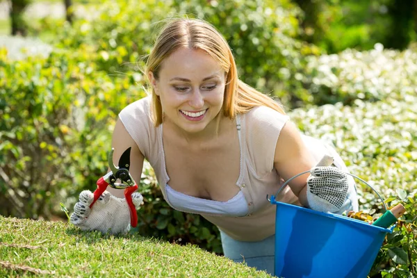 Vrouw die met groen struikgewas werkt met tuinbouwgereedschap — Stockfoto