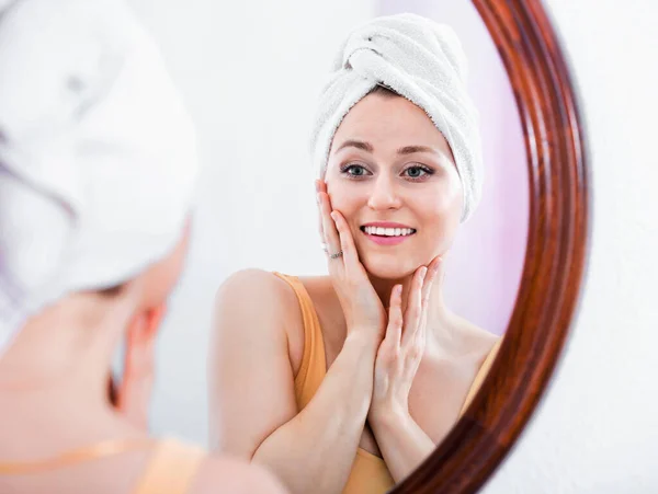 Cheerful Charming Woman Having Look Her Face Mirror Wall — Stock Photo, Image